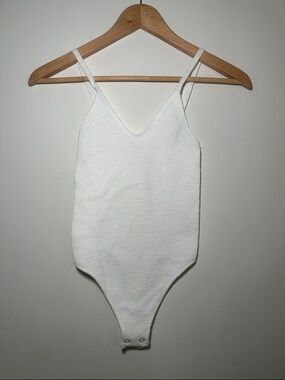 Free People White Ribbed V-Neck Bodysuit
